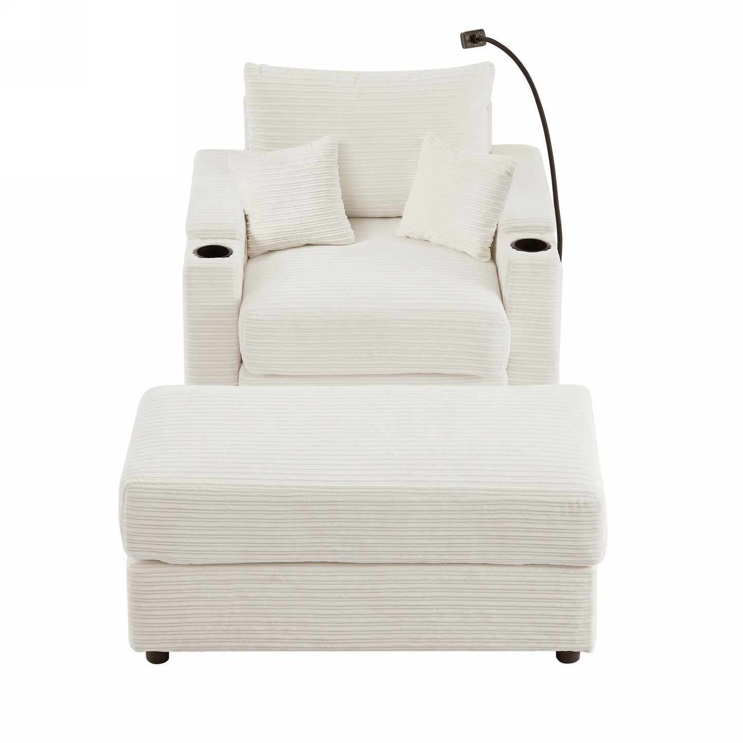 Plush white corduroy recliner with ottoman and reading lamp