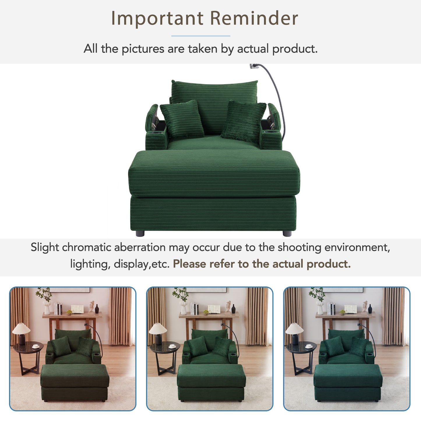 Deep green corduroy recliner chair with integrated cup holders and reading lamp