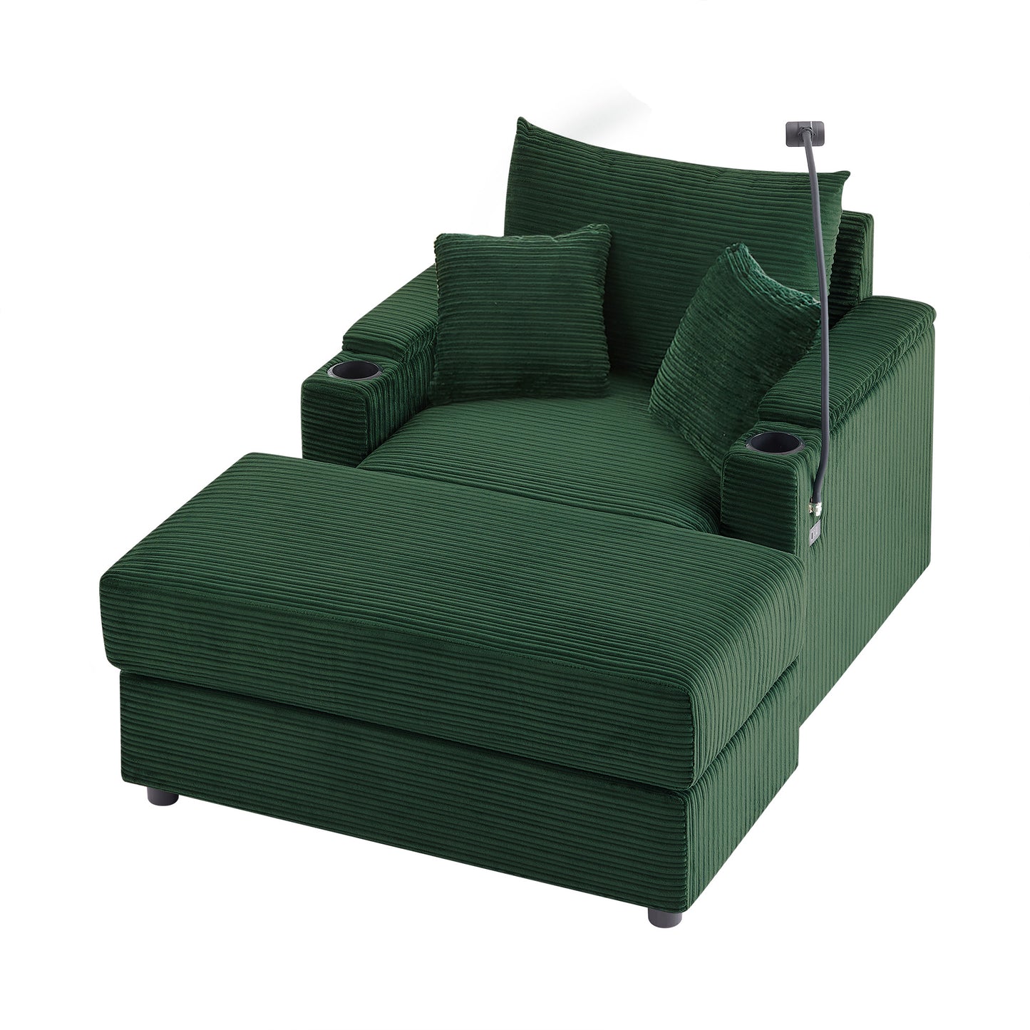 Green corduroy chaise lounge with builtin cup holders for ultimate relaxation