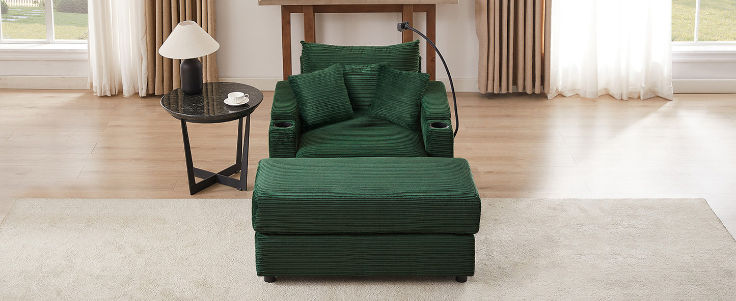 Green corduroy recliner chair with ottoman and builtin cup holders