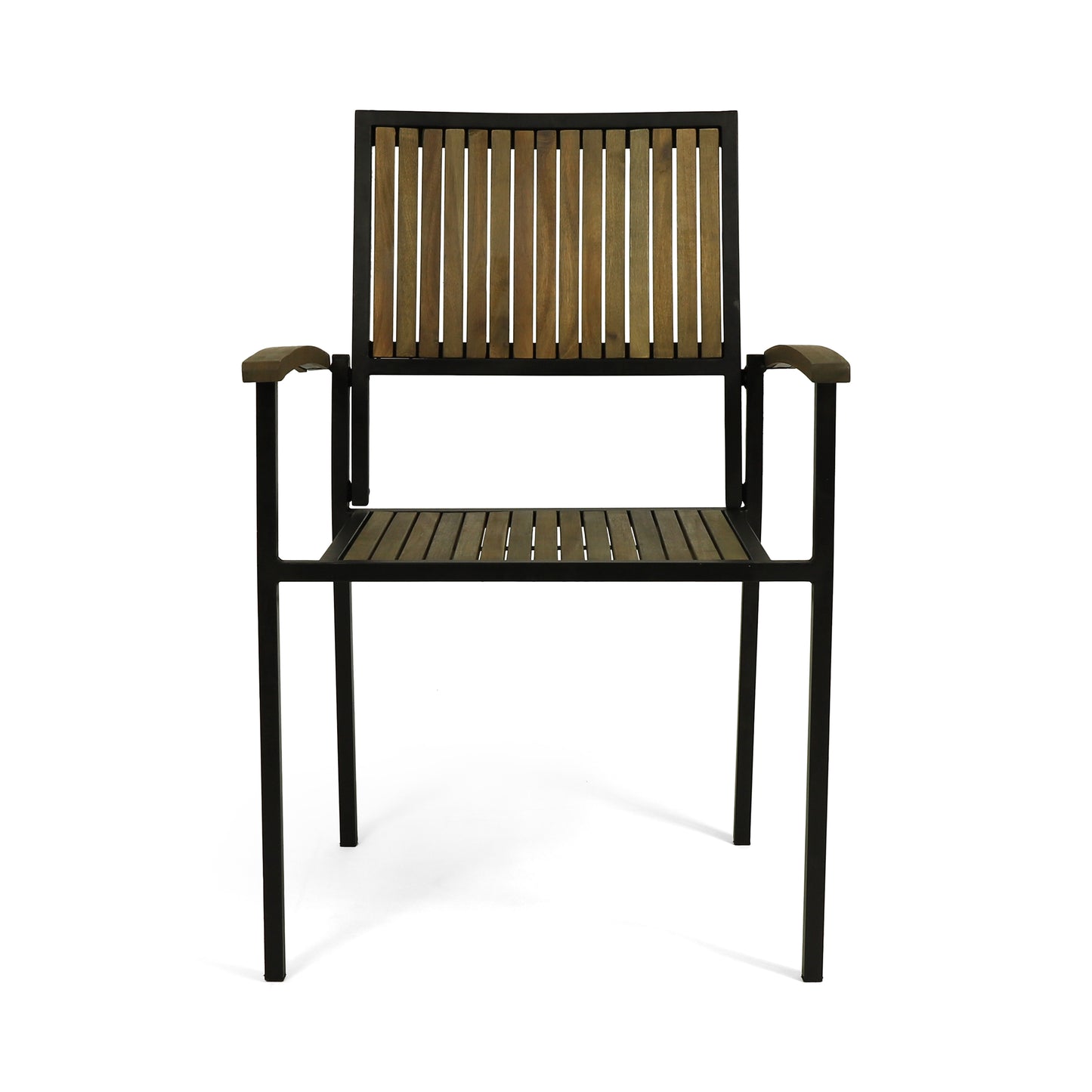 Black metal outdoor chair with slatted wood seat and backrest