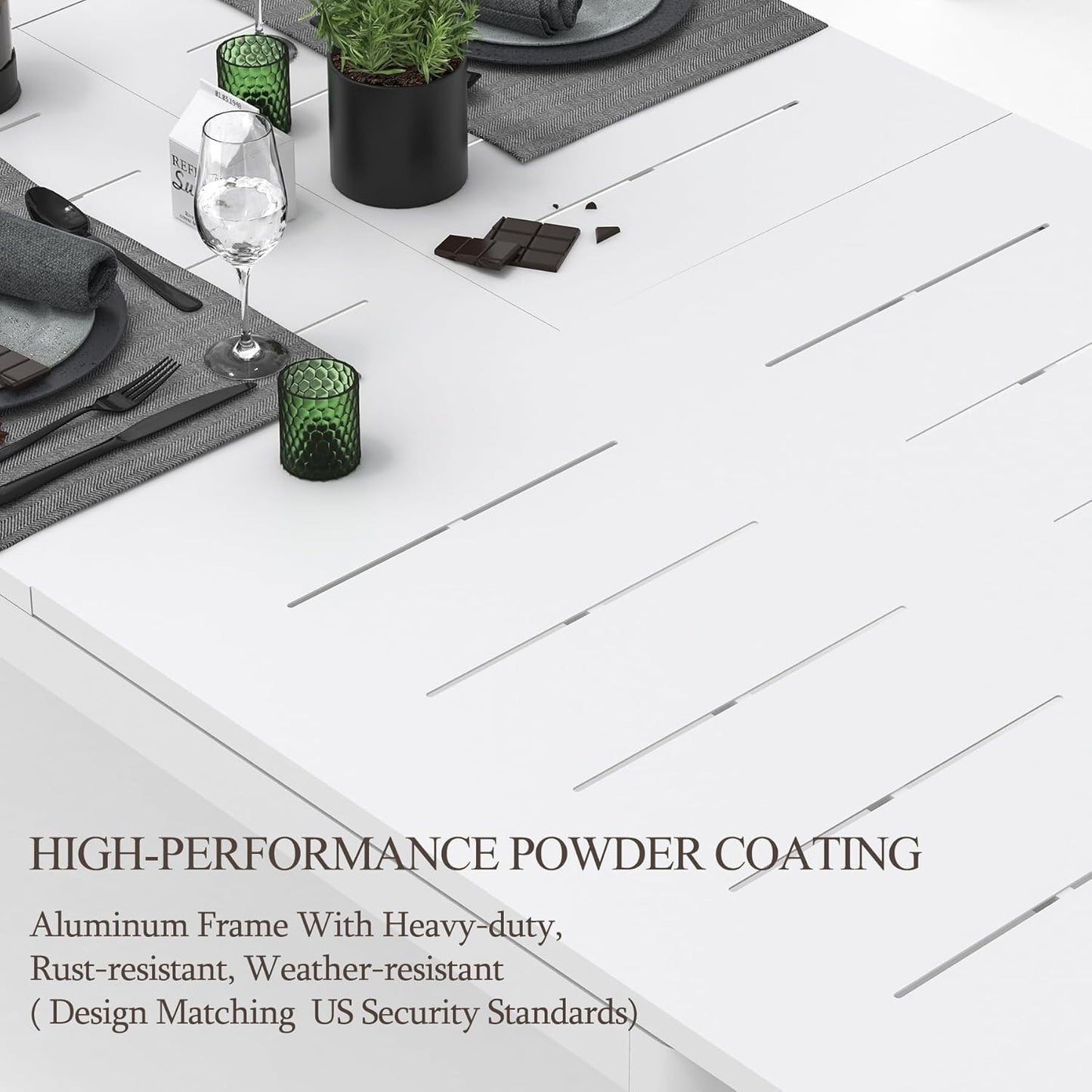 White aluminum outdoor table with slatted top and highperformance powder coating
