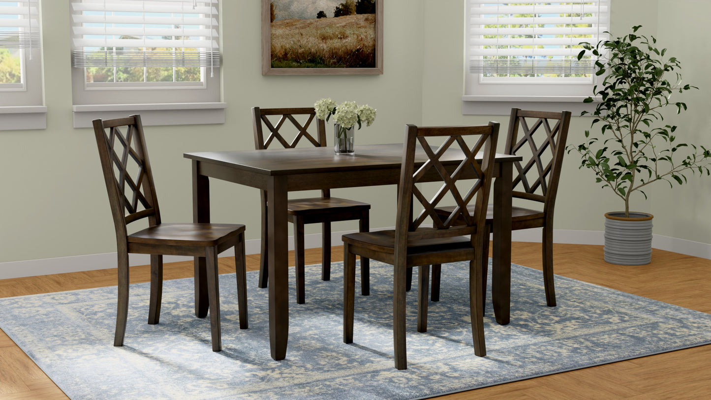 Dark brown wooden dining table with four matching chairs featuring diamondpatterned backs