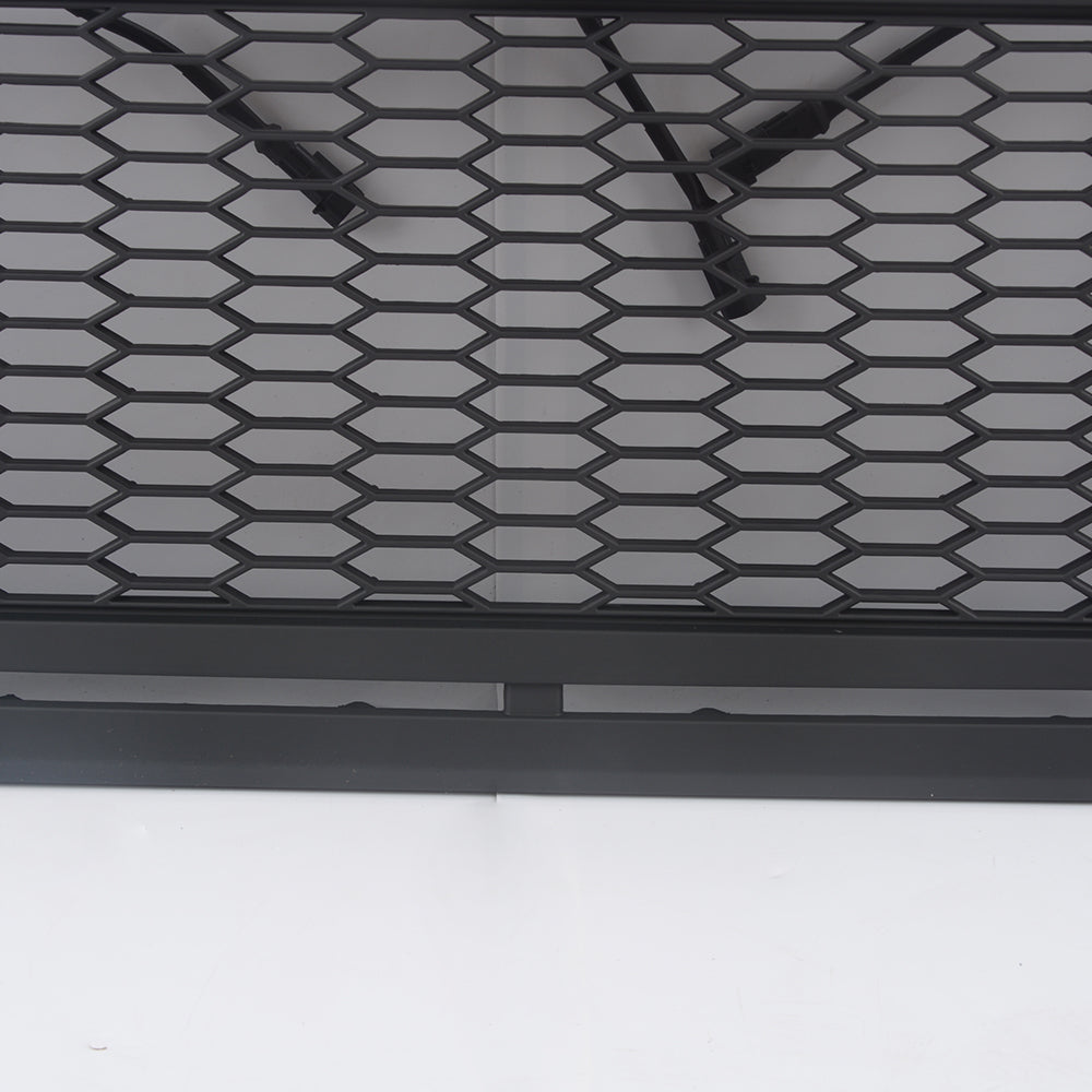 Closeup of black expanded metal mesh with a matte finish and hexagonal openings