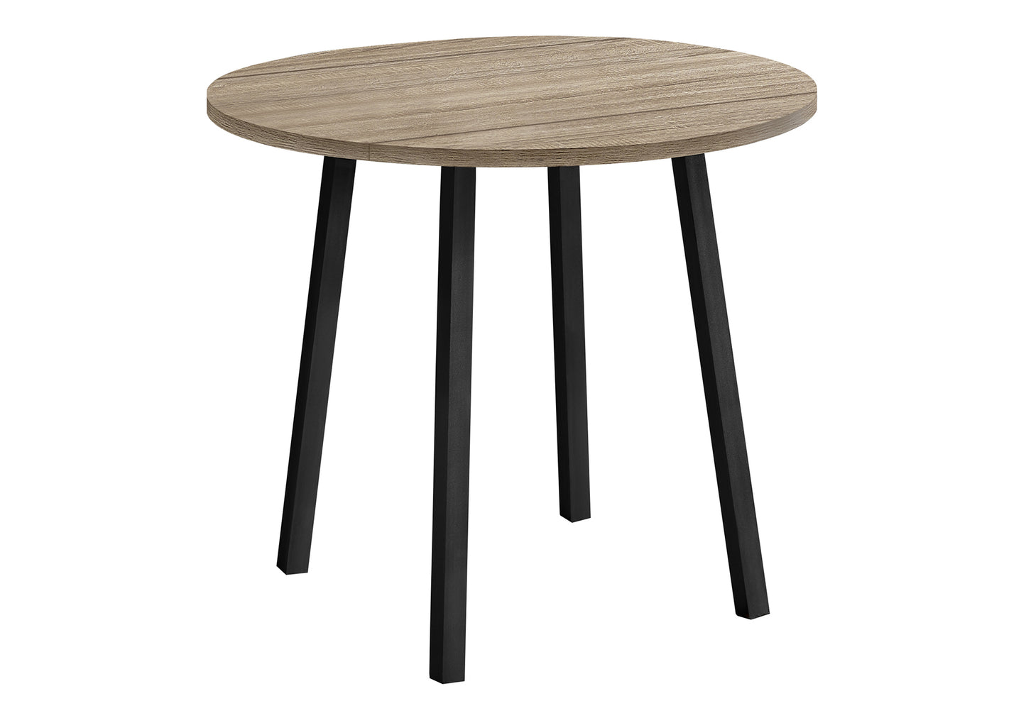 Round wood grain side table with black metal legs
