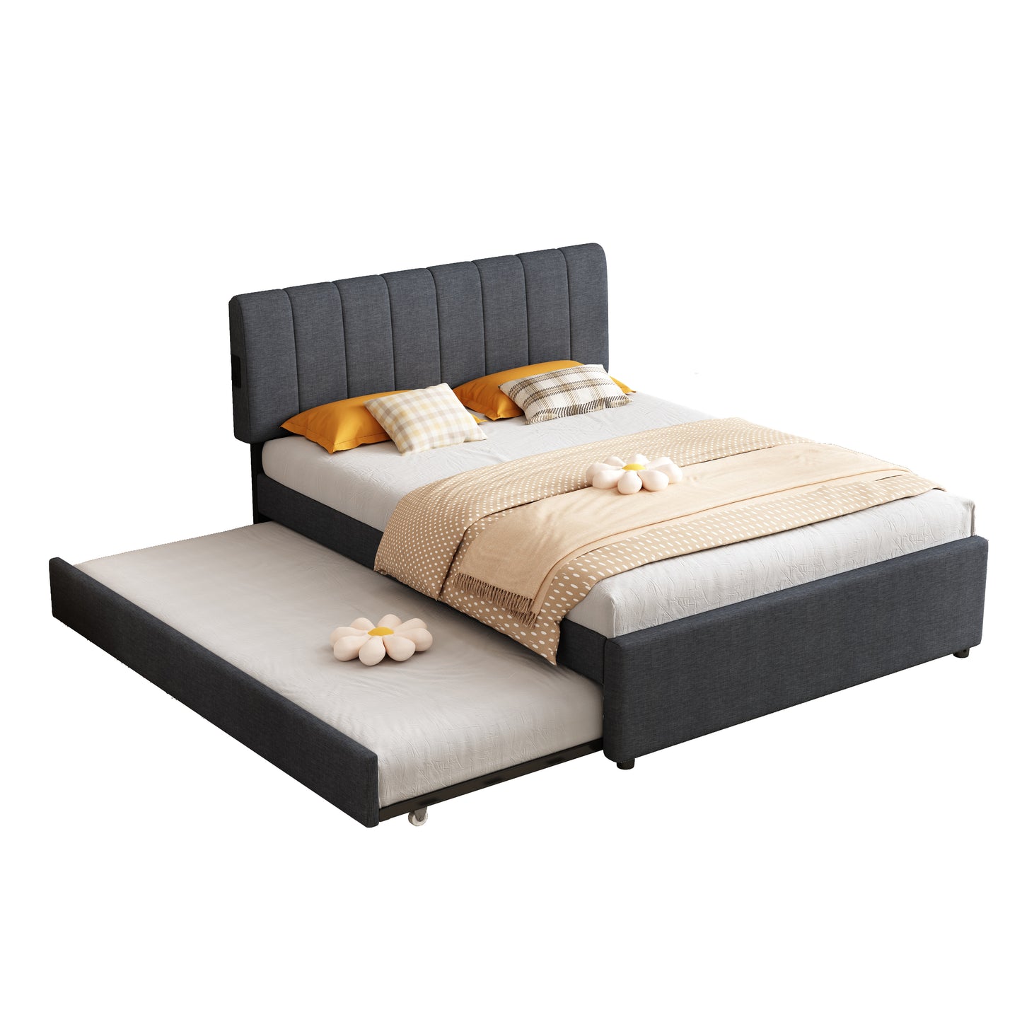 Dark grey upholstered twin daybed with pullout trundle