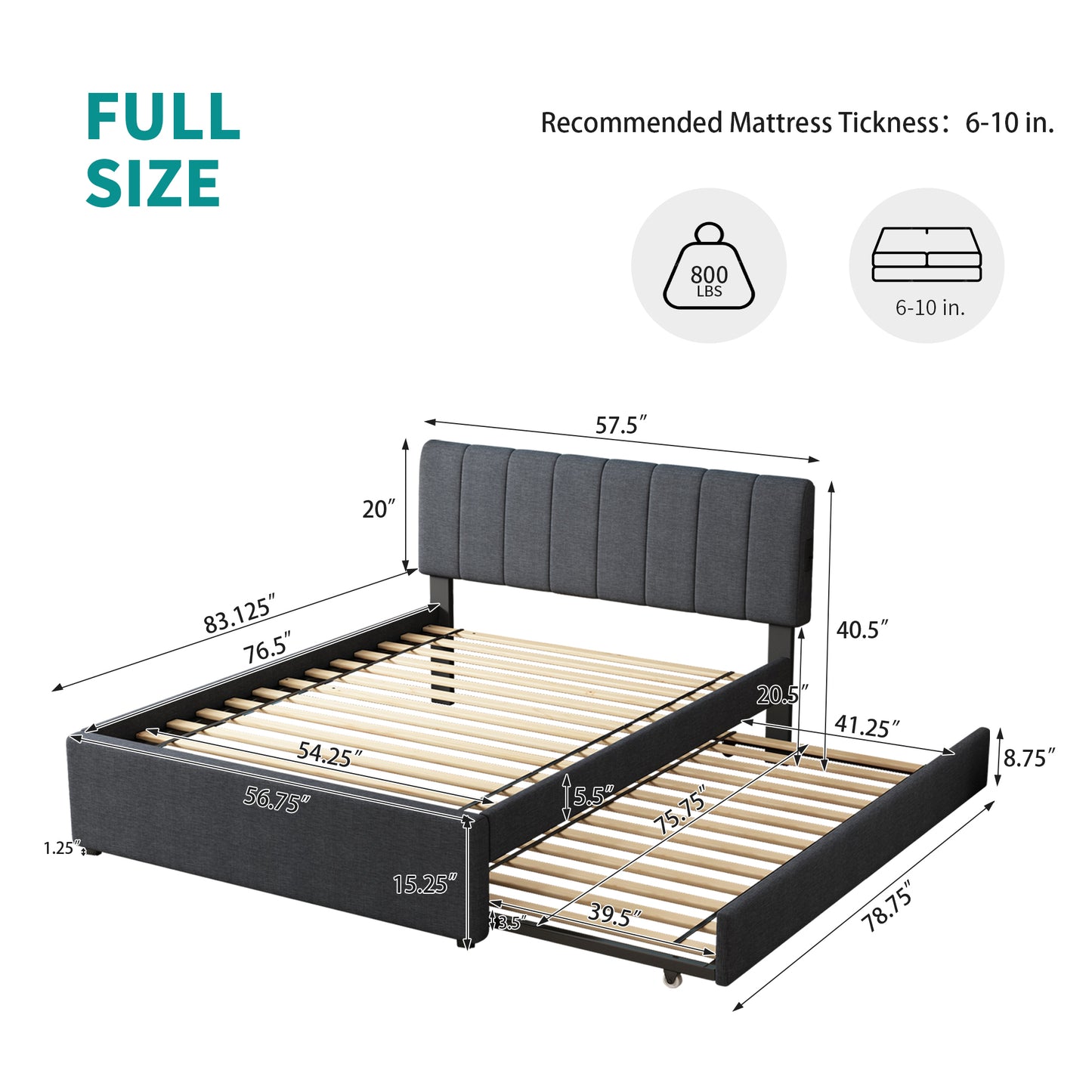Full size grey upholstered bed frame with trundle