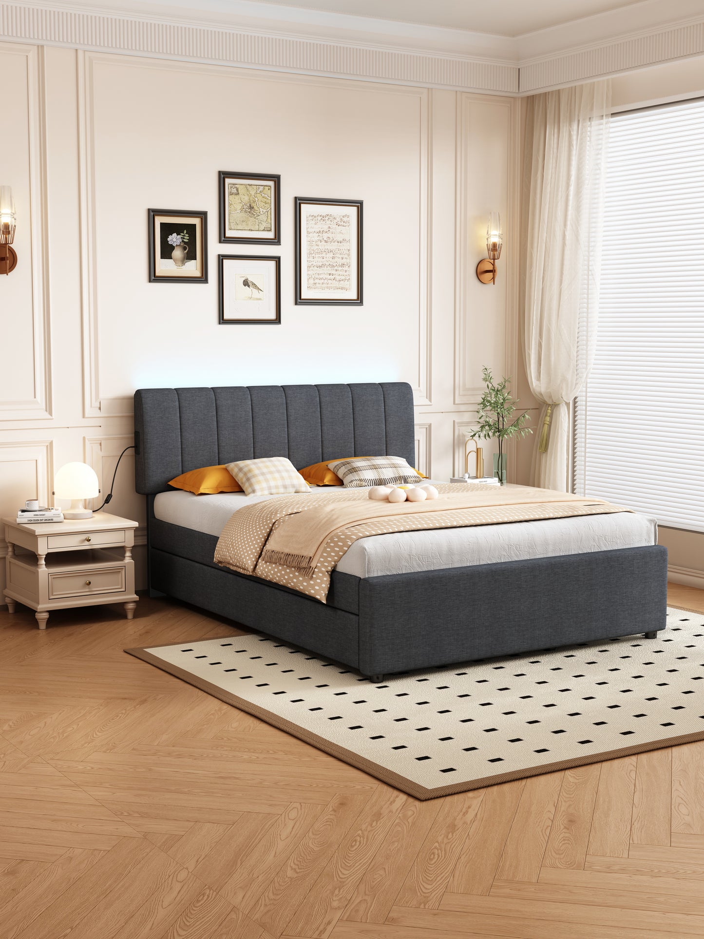 Dark grey upholstered platform bed with tufted headboard and integrated LED lights