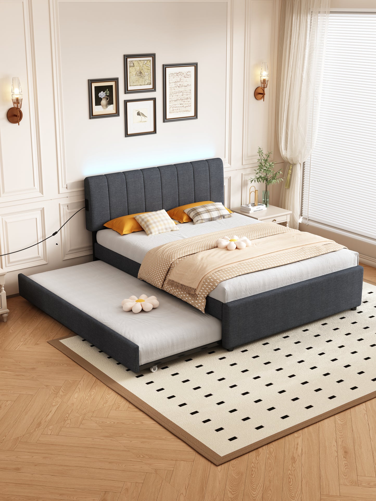 Dark grey upholstered bed frame with pullout trundle and LED headboard