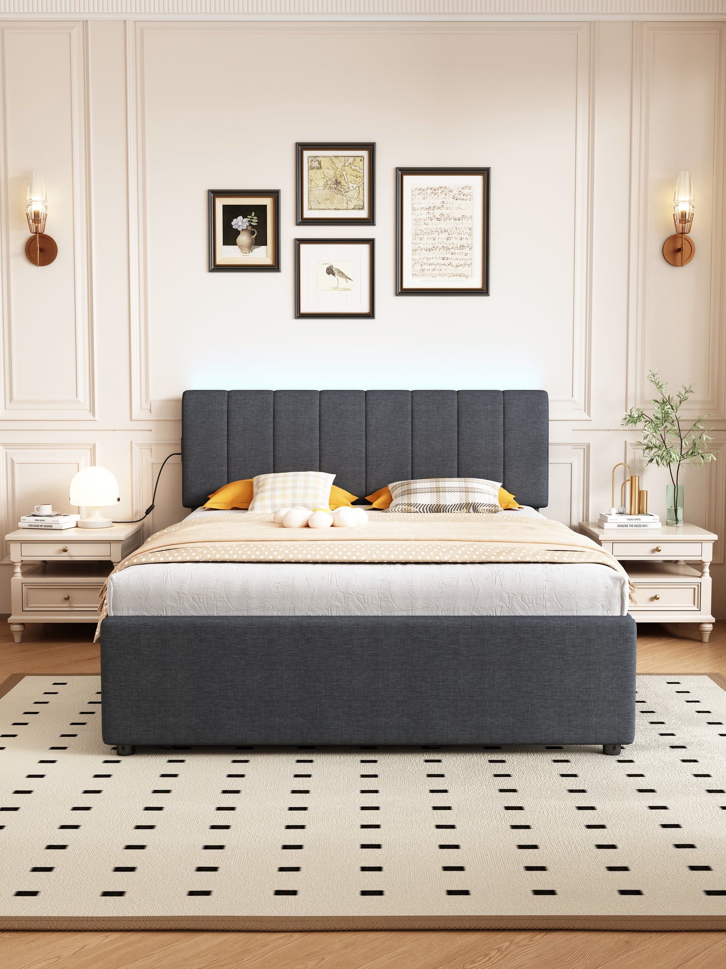 Dark grey upholstered platform bed with a channeltufted headboard