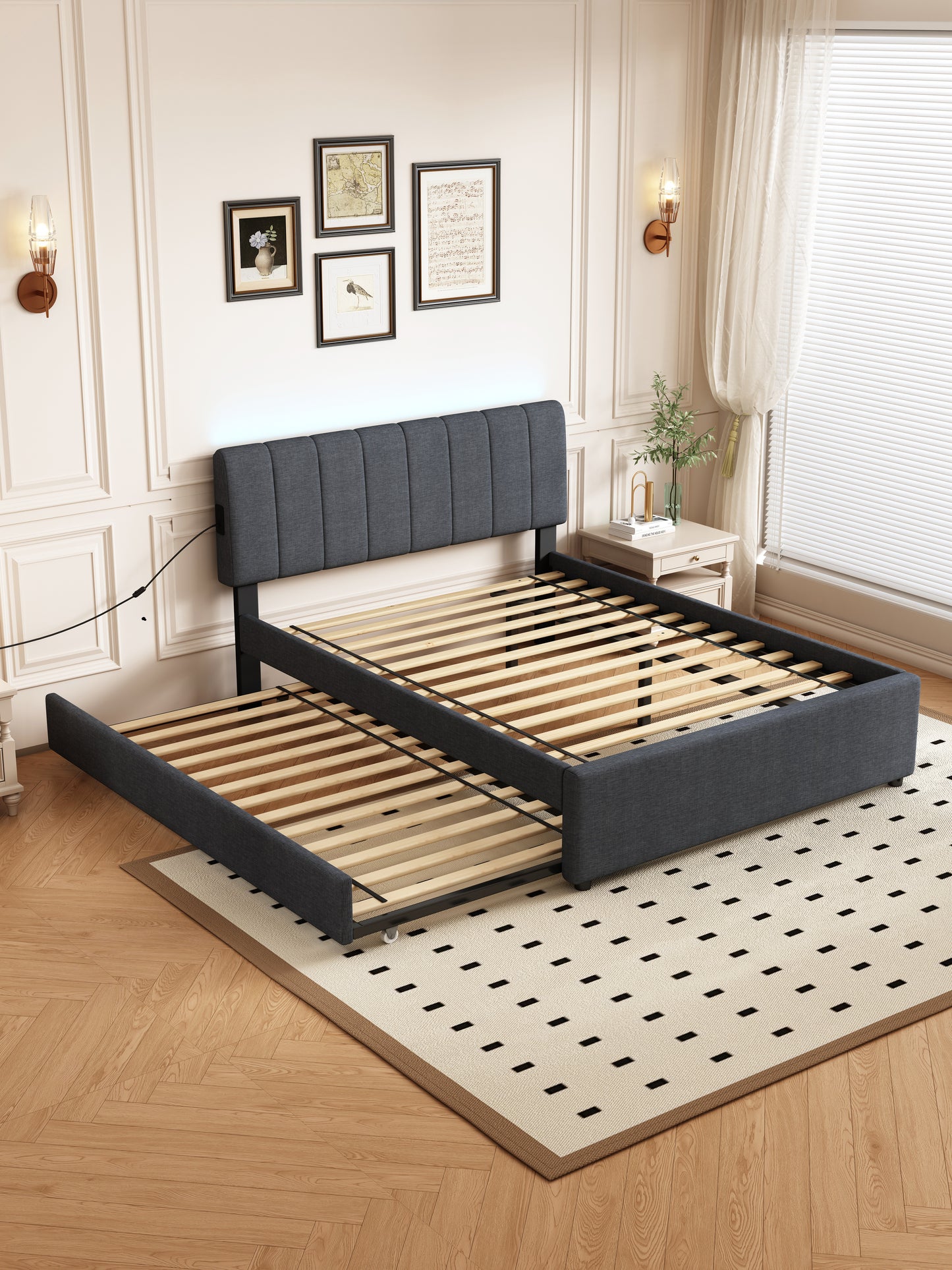 Dark gray upholstered bed frame with pullout trundle