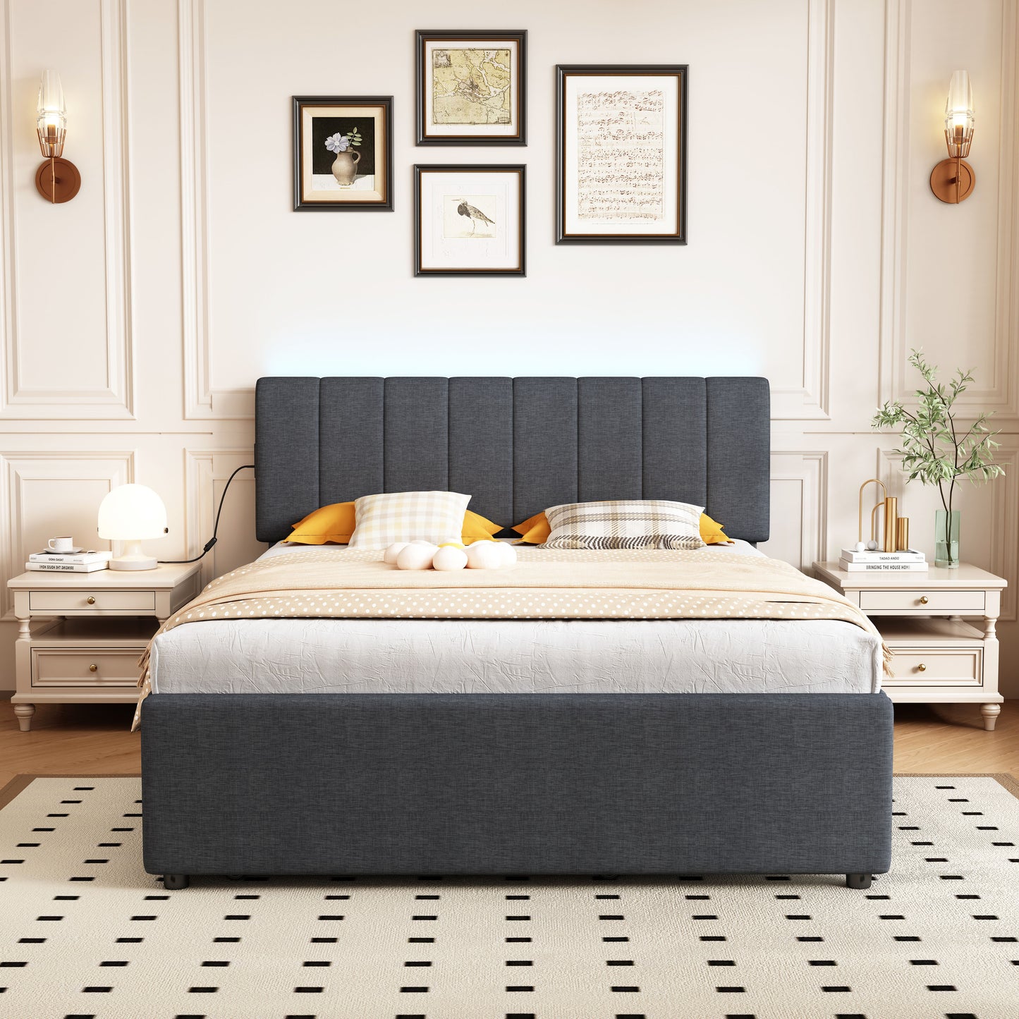 Dark gray upholstered queen bed with vertical channel tufting and builtin LED headboard