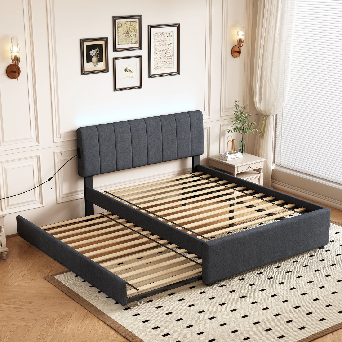 Dark gray upholstered trundle bed frame with wooden slats