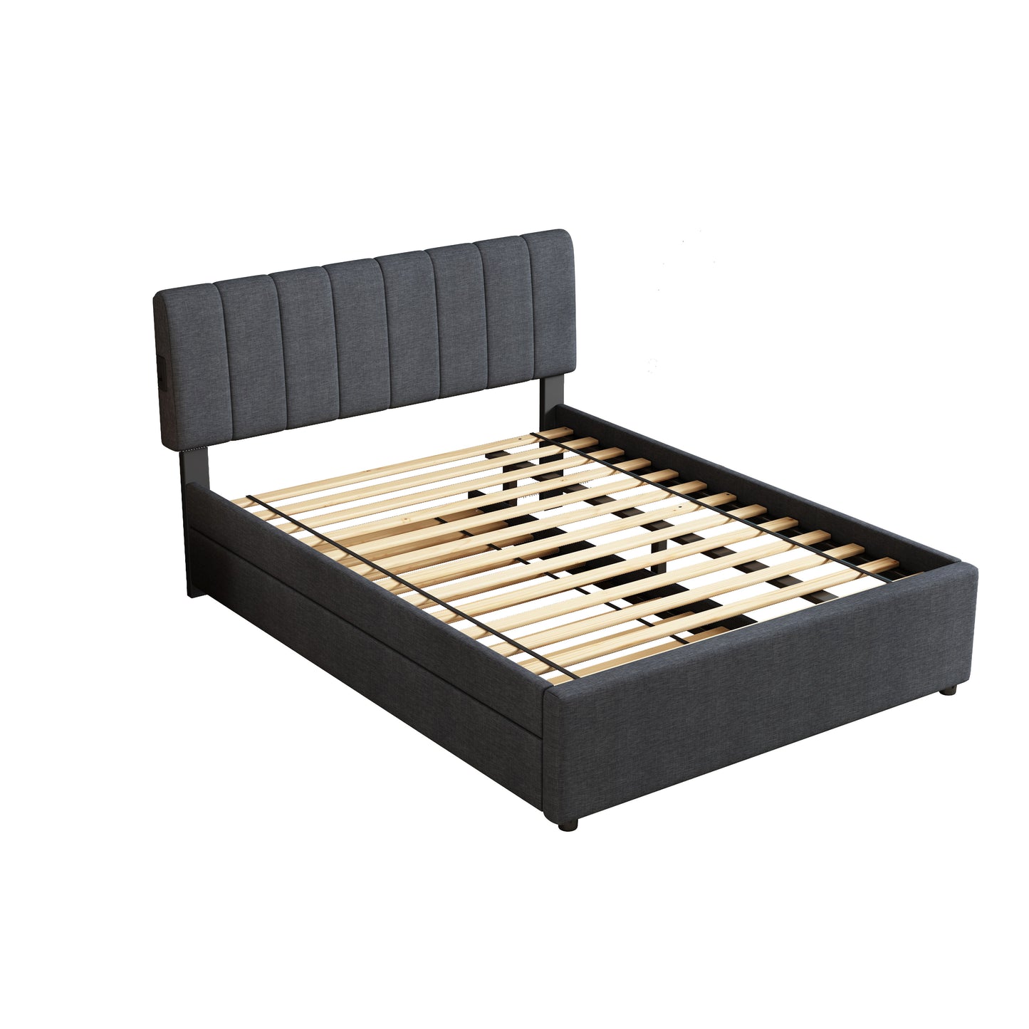 Dark grey upholstered bed frame with tufted headboard and wooden slats
