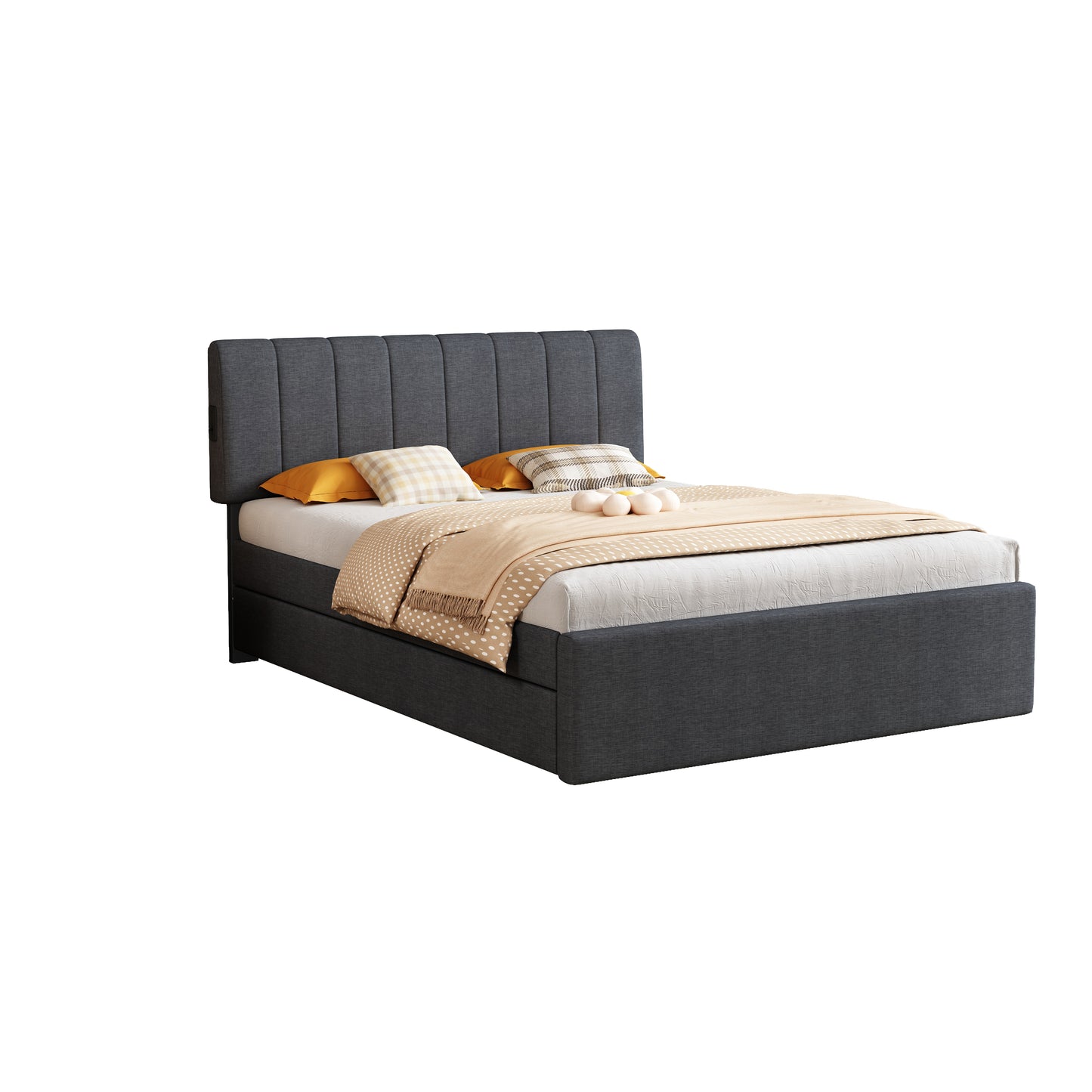 Dark gray upholstered queen bed frame with vertical tufted headboard and storage drawers