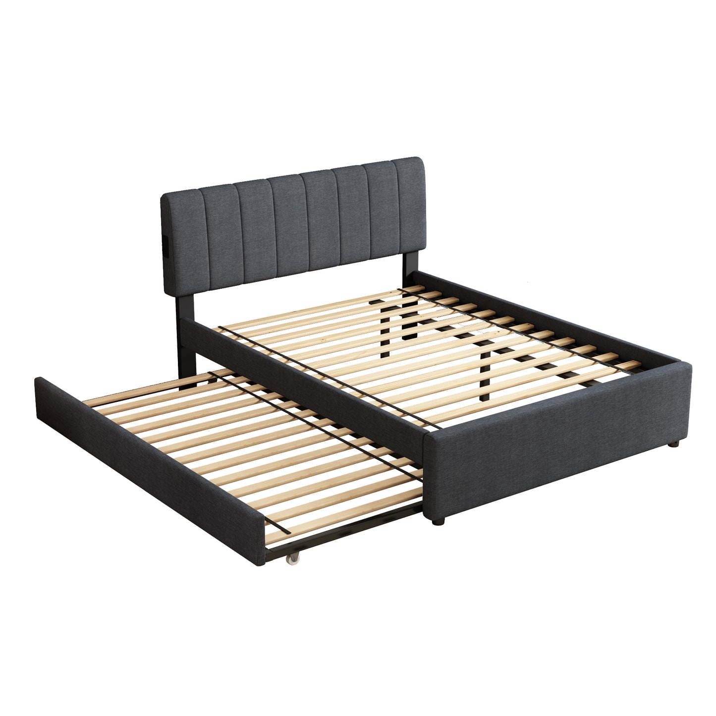 Dark grey upholstered twin bed frame with pullout trundle