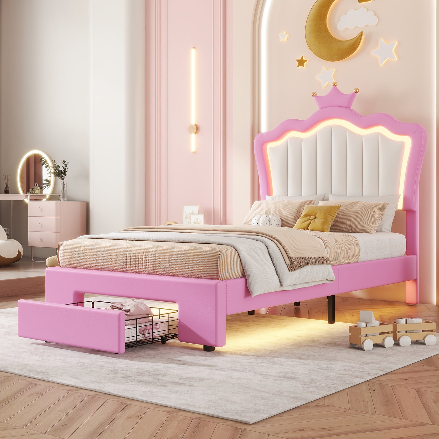 Pink upholstered twin bed with builtin storage drawer and illuminated crown headboard for kids