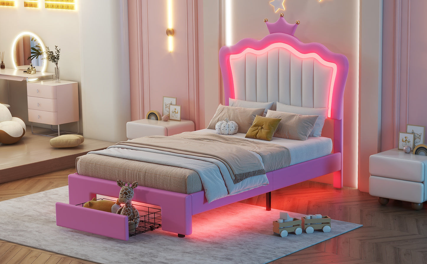 Pink princess bed frame with crown headboard and LED lighting