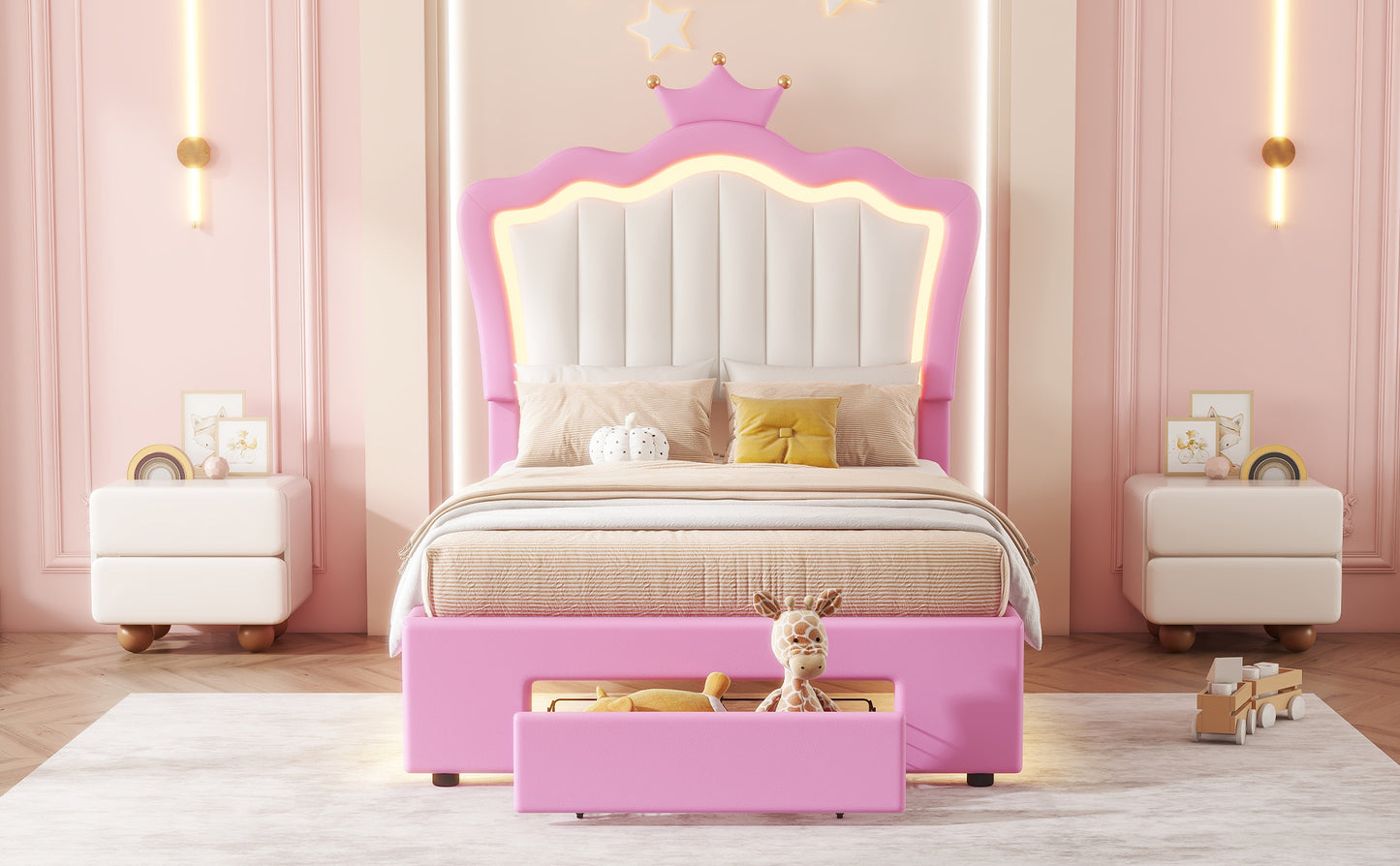 Pink twin bed with crown headboard and builtin storage