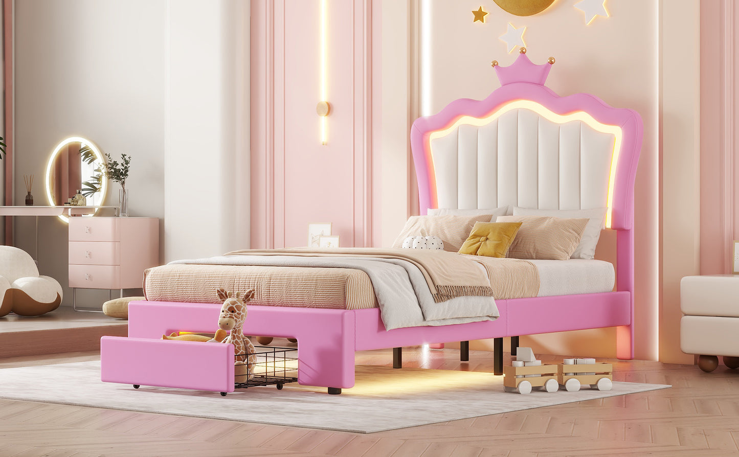 Pink velvet bed with crown headboard and integrated LED lighting perfect for a princessthemed bedroom