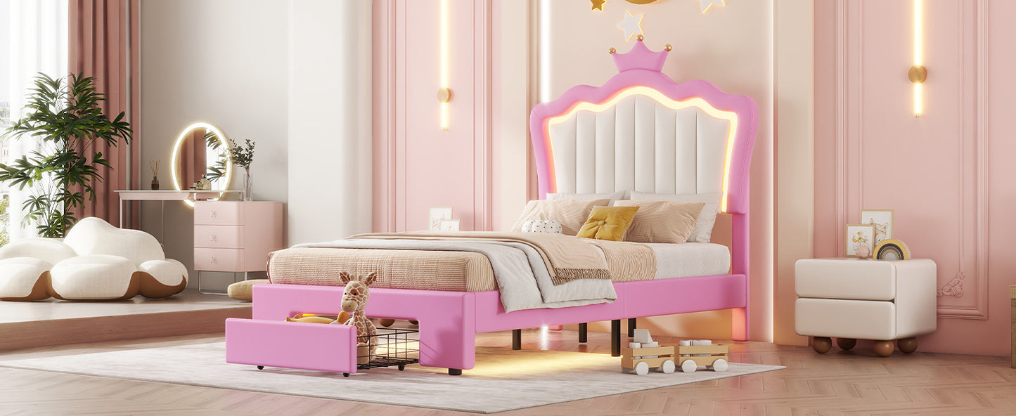 Pink upholstered twin bed with crown headboard and builtin drawer for a childs bedroom
