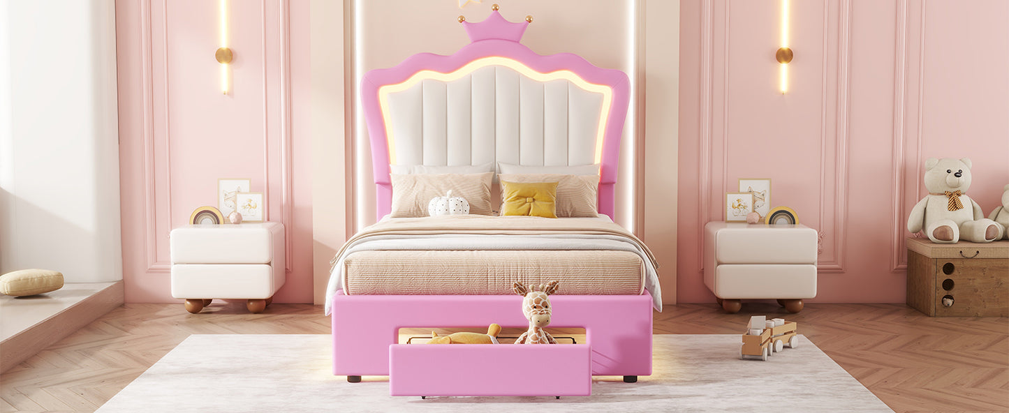 Pink crownshaped upholstered kids bed with builtin LED lighting for a whimsical bedroom