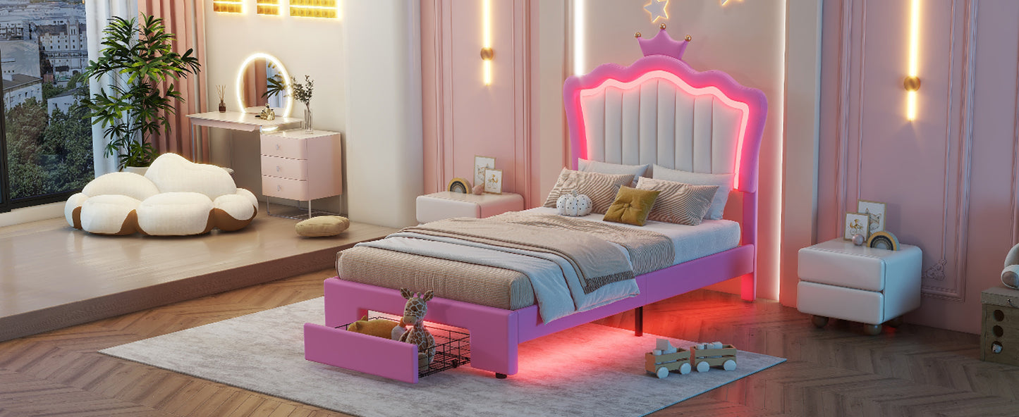 Princessthemed pink toddler bed with LED crown headboard and storage drawer
