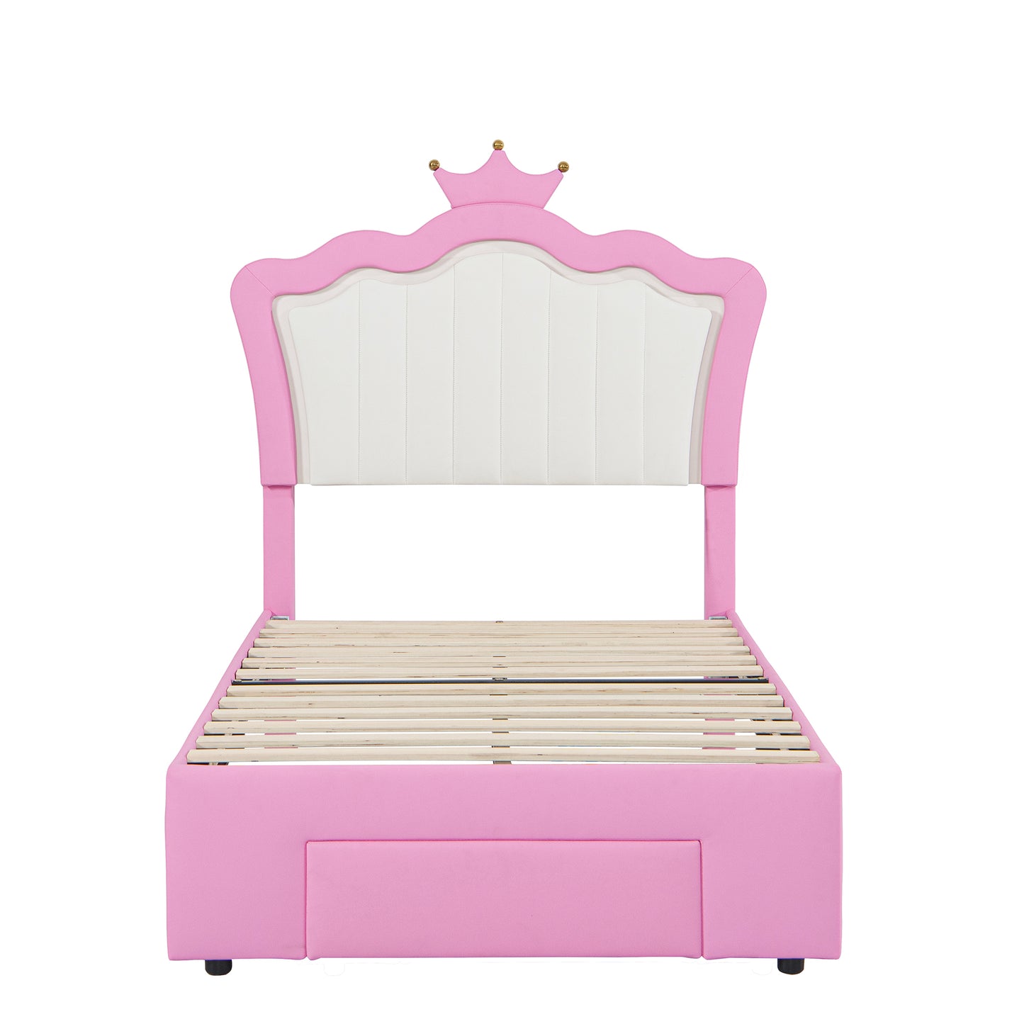 Pink twin bed with crown headboard and storage drawer