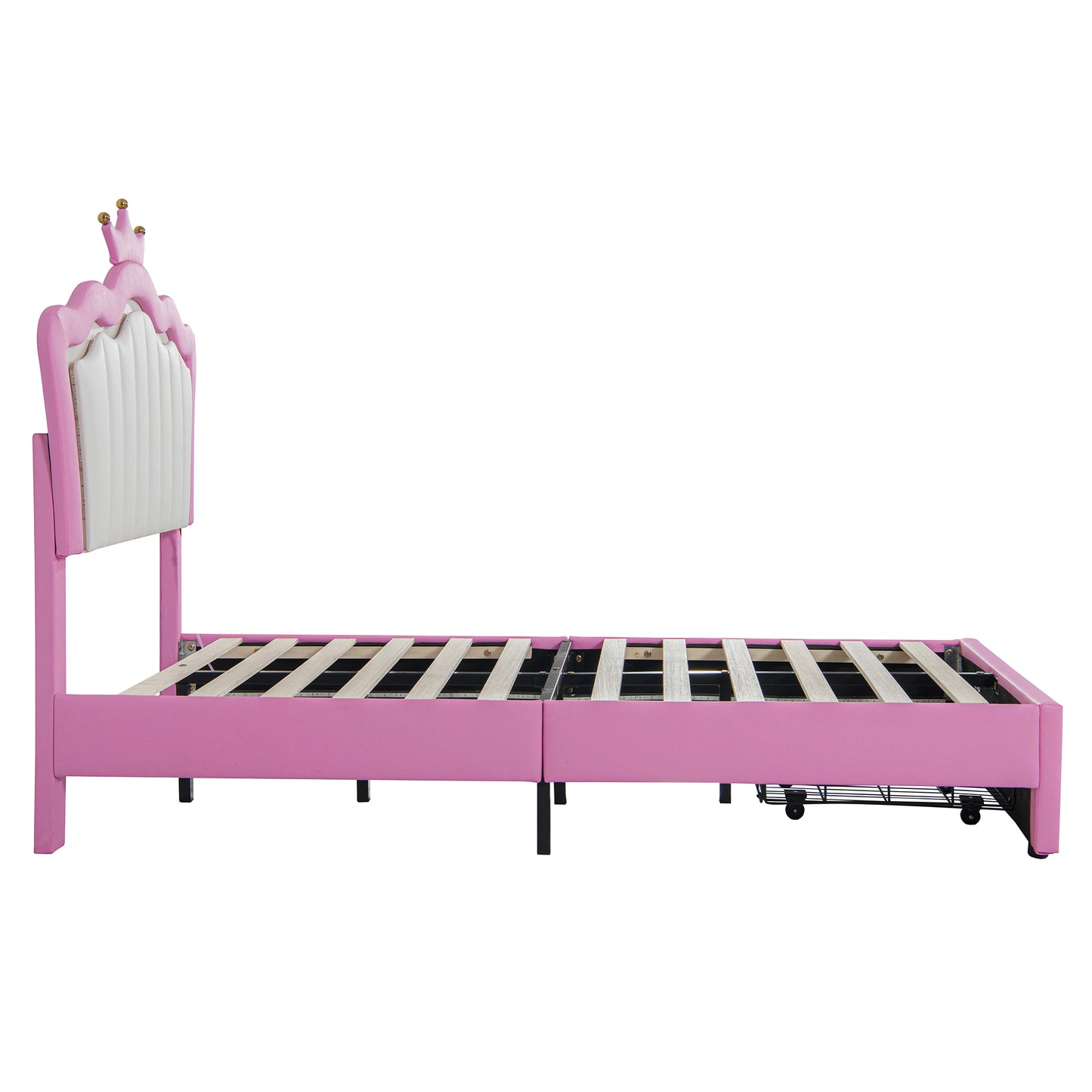 Pink upholstered twin bed with princess crown headboard and wood slats