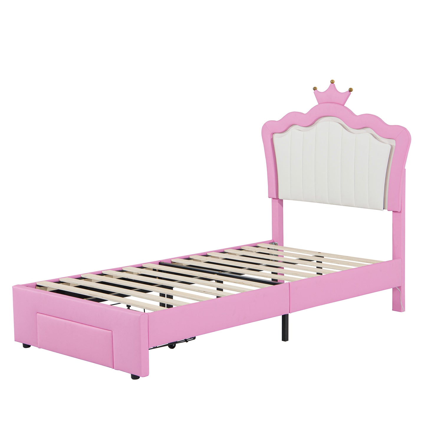 Pink upholstered twin bed frame with crown headboard and builtin drawer