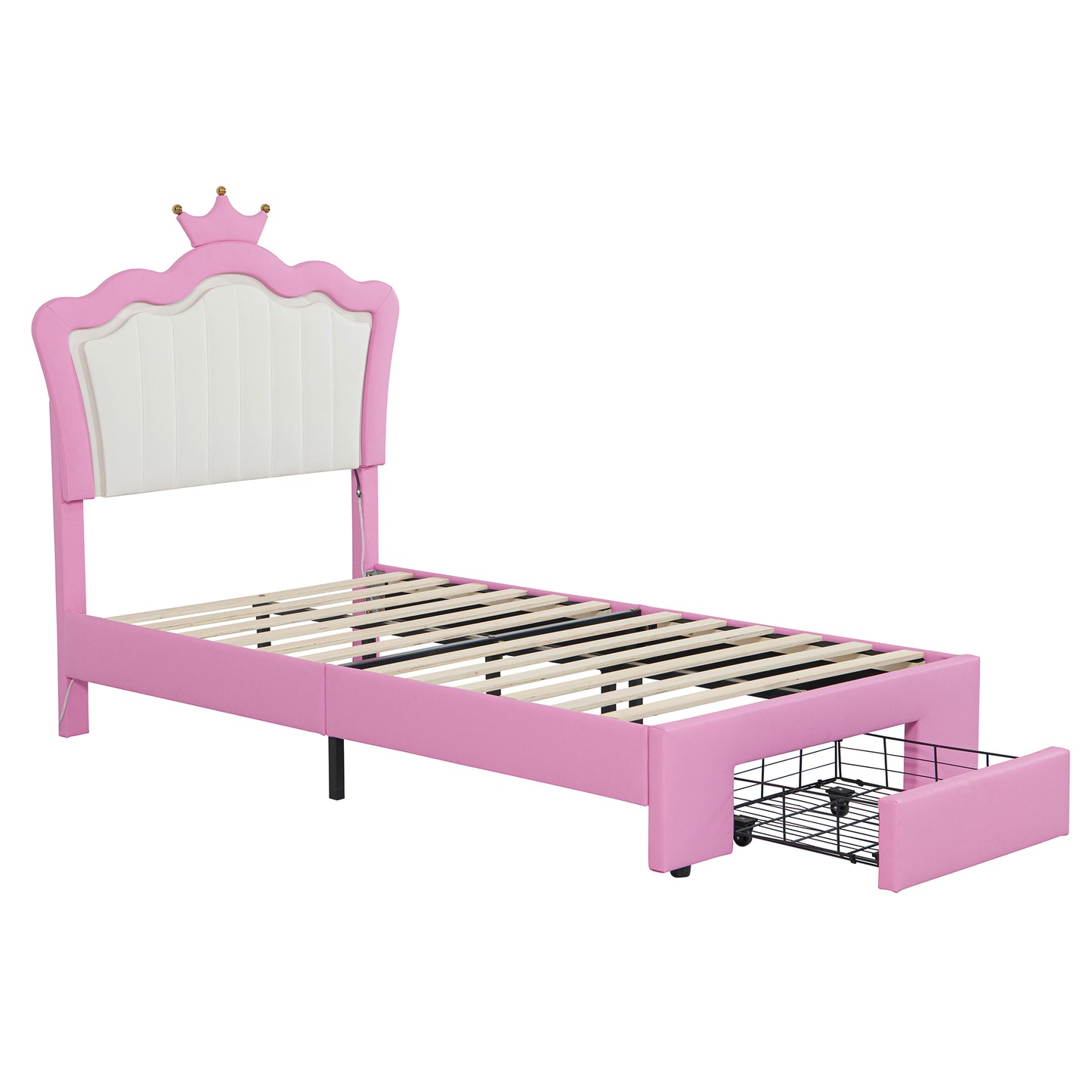 Pink upholstered twin bed frame with crown headboard and pullout drawer