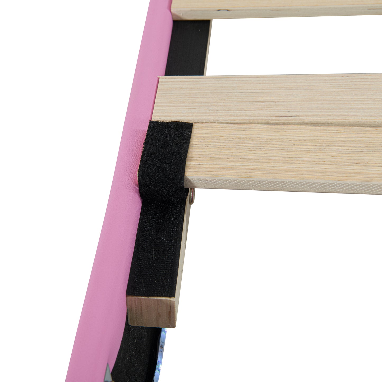 Closeup of pink upholstered bed frame detail with wooden slats and black velcro attachment