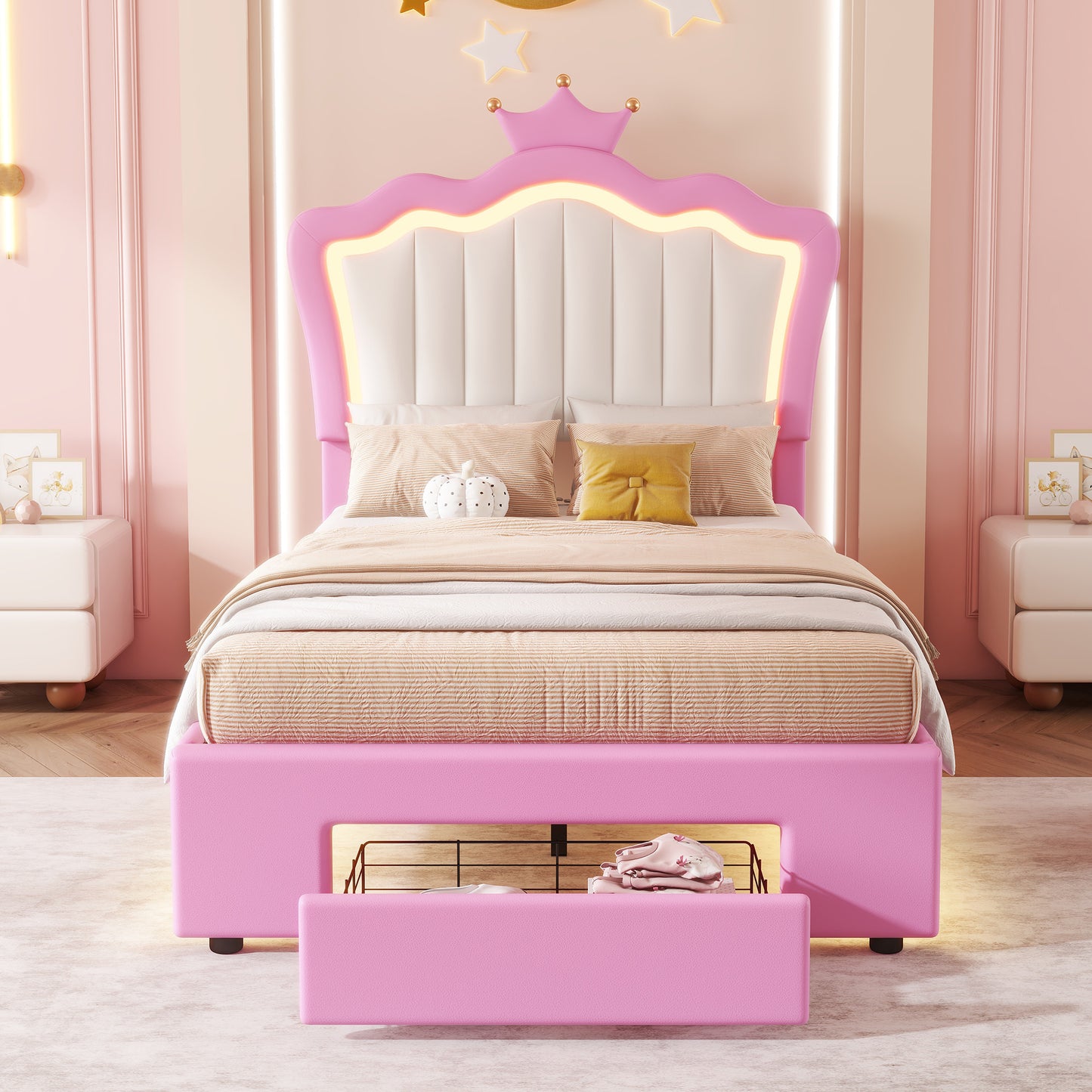 Pink upholstered twin bed with crown headboard and LED lights