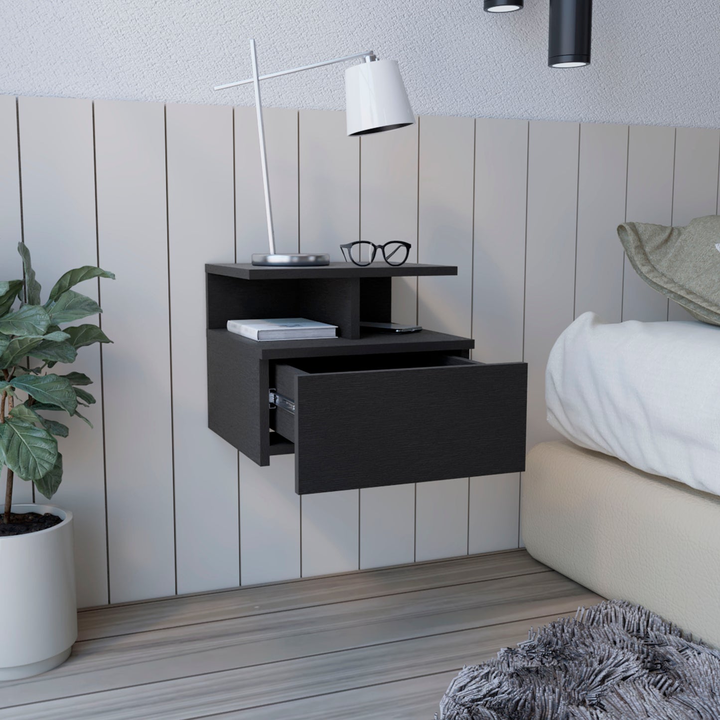 Maximize Space with Floating Nightstand - Black with Storage Drawer