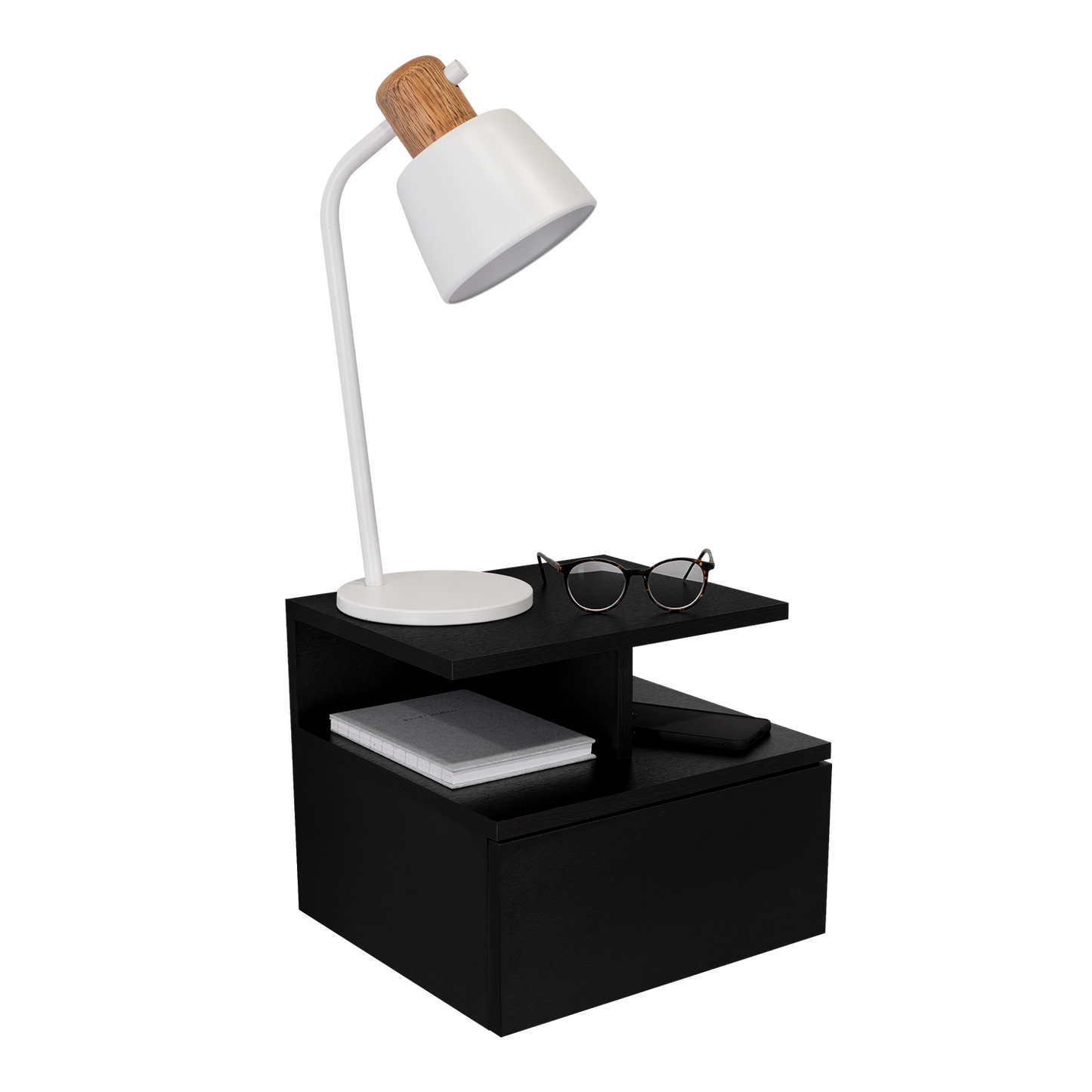 Modern white desk lamp with wooden accent on black nightstand