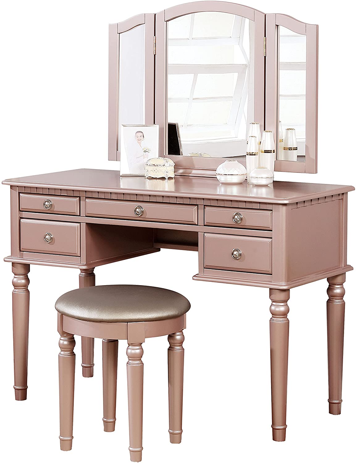 Rose gold vanity desk with trifold mirror and matching stool