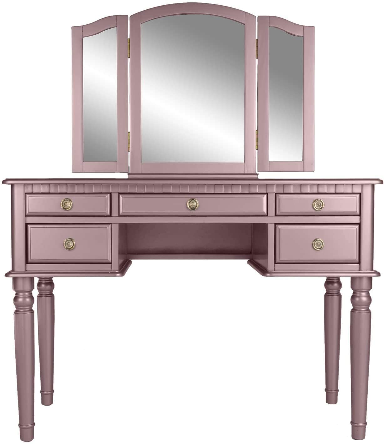 Pink vanity table with trifold mirror and six drawers