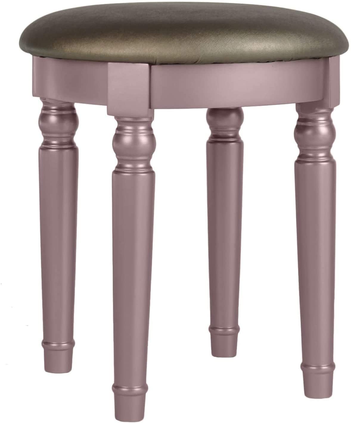 Rose gold vanity stool with padded olive green seat and turned legs