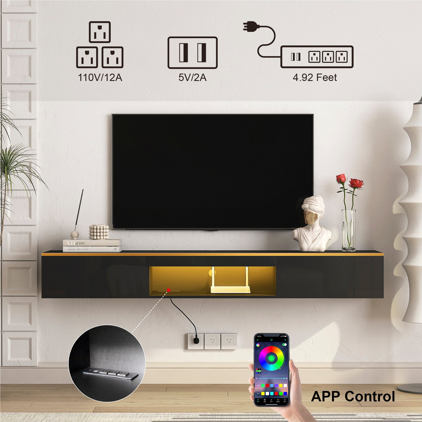 Black media console with integrated LED lighting controlled by a smartphone app