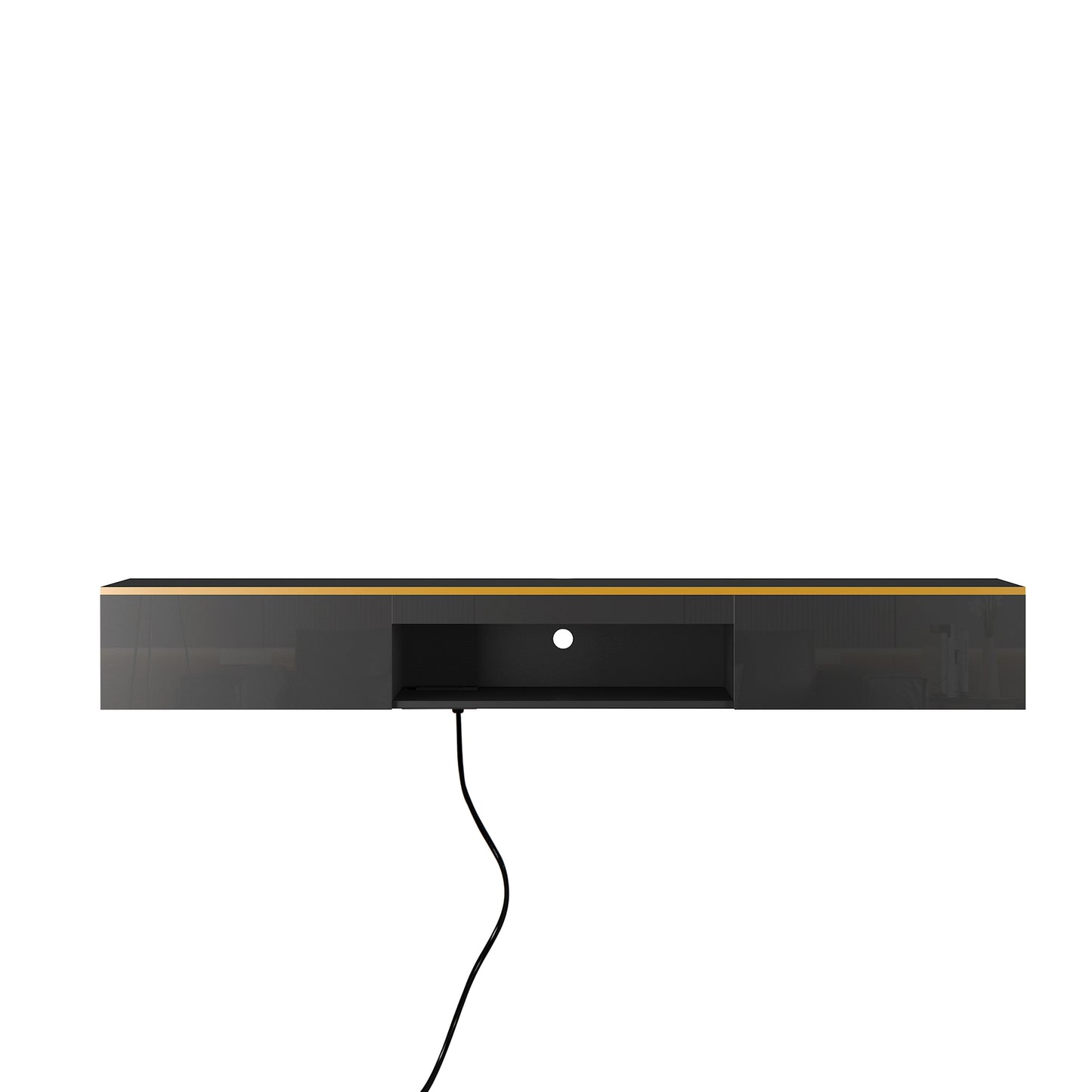 Sleek dark gray floating media console with a gold trim and open central shelf for electronics
