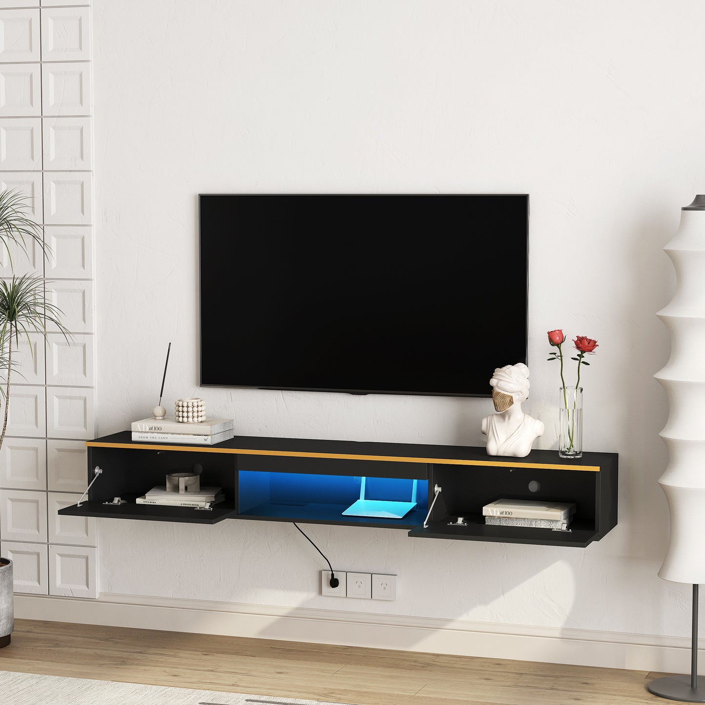 Floating black media console with yellow trim and blue LED lighting