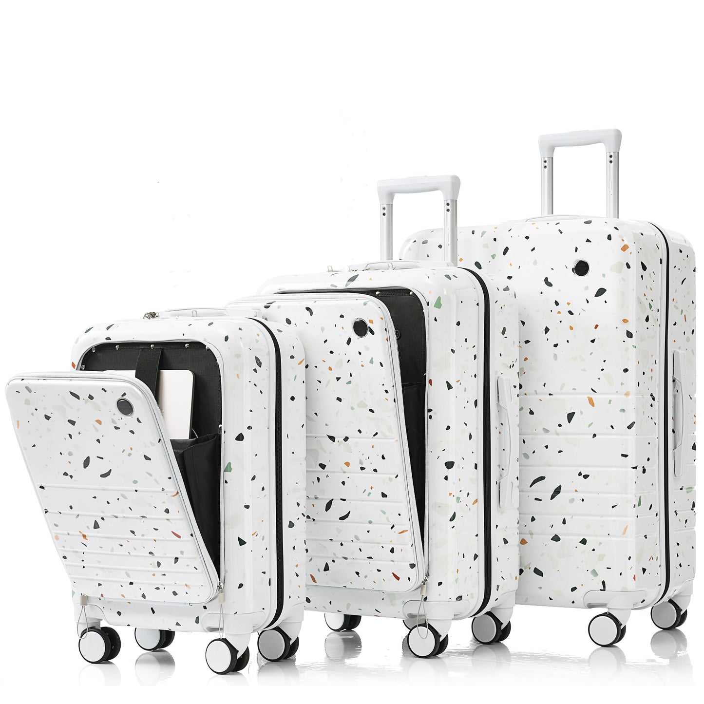 Three white suitcases with terrazzo pattern varying sizes travel luggage