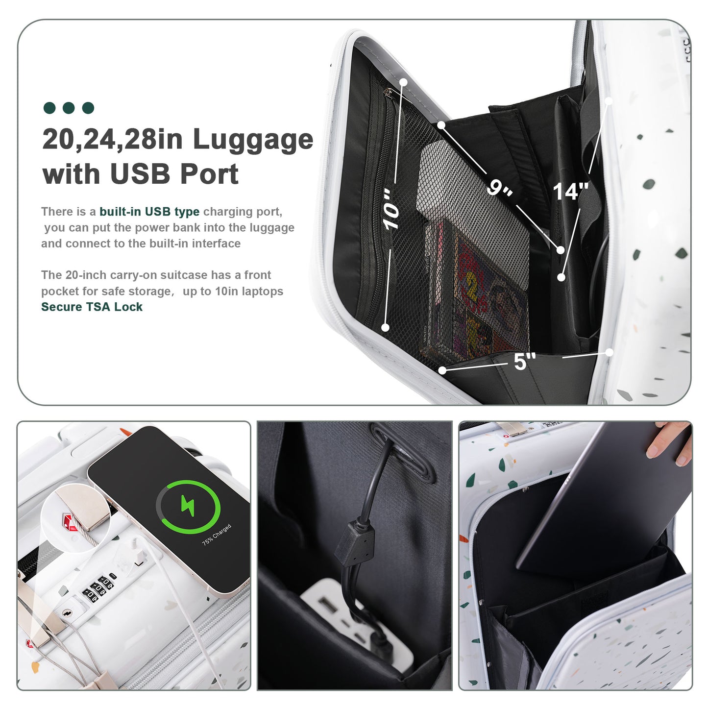 White speckled carryon luggage with integrated USB charging port