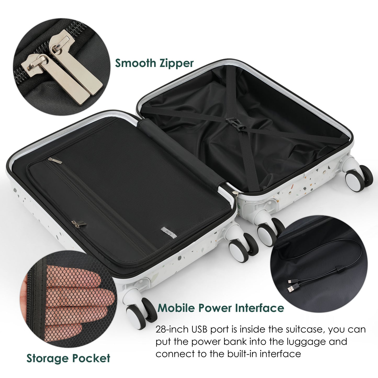 Open white inch luggage with a multicolor terrazzo pattern and smooth zipper detail