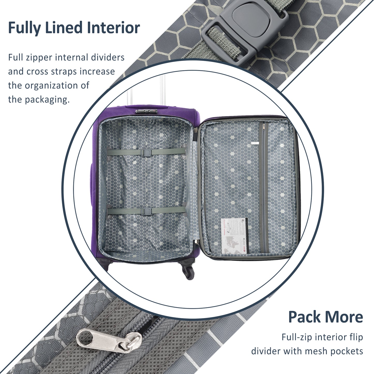 Purple suitcase interior with zippered dividers and cross straps for organization