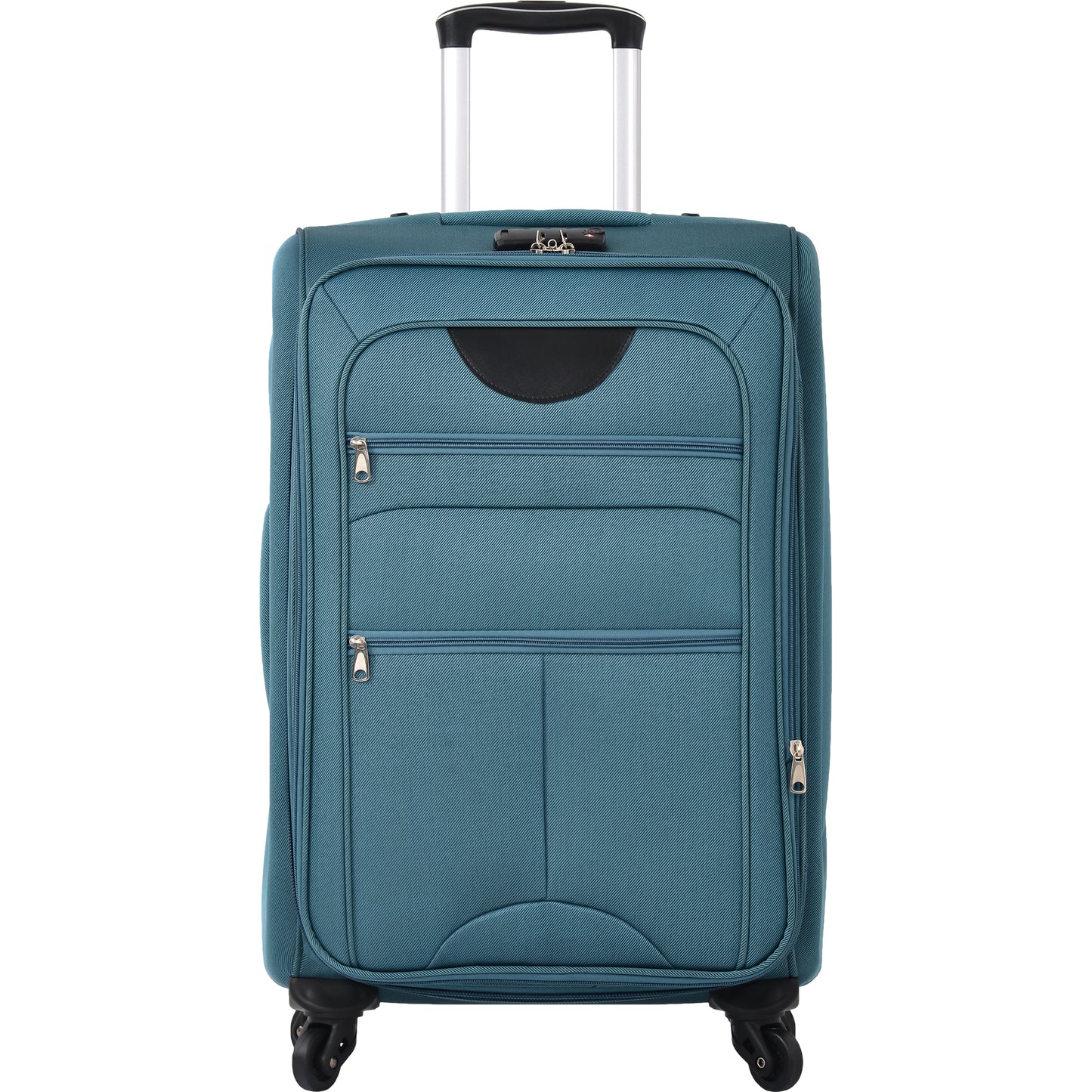 Teal softsided rolling suitcase with four wheels and TSA lock for travel