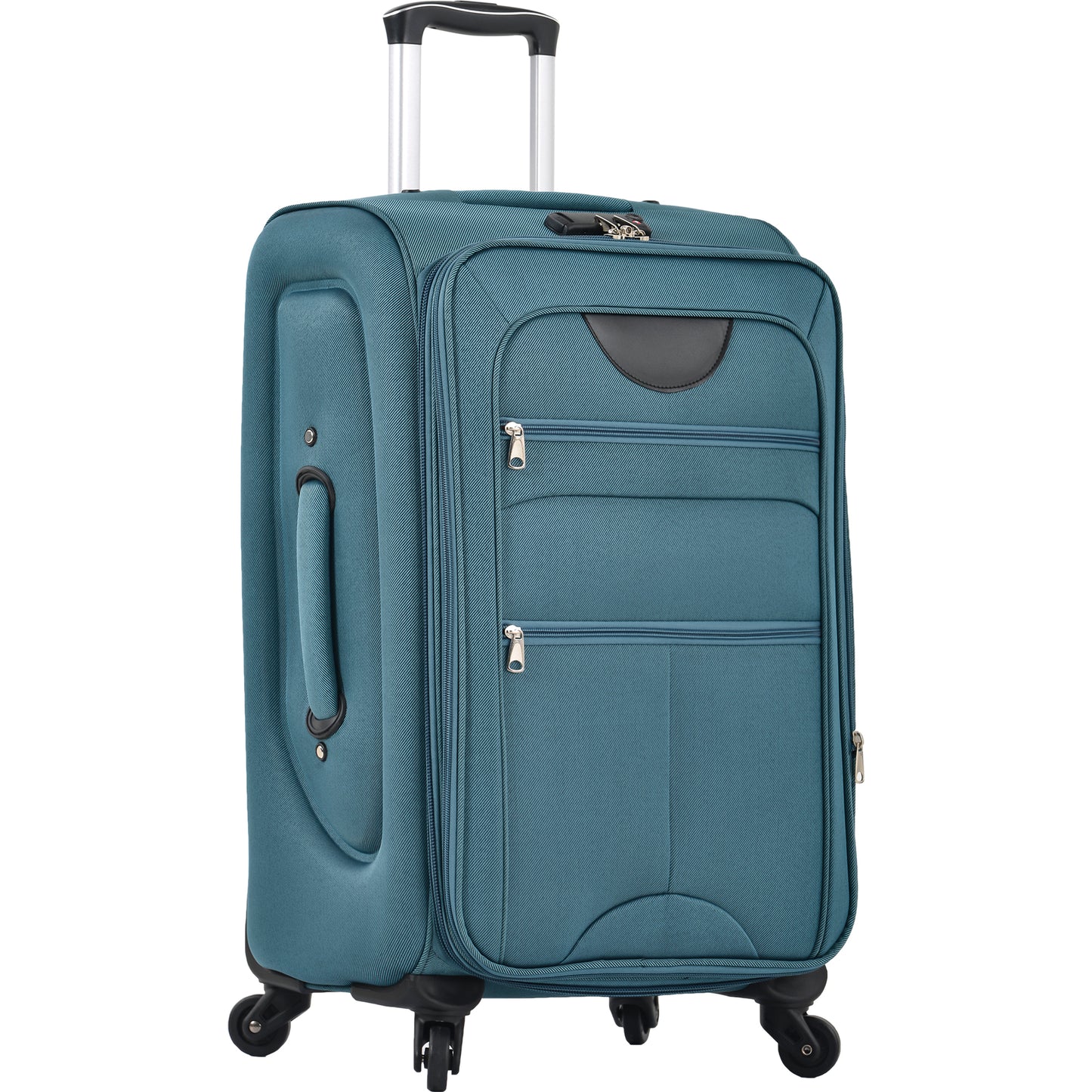 Teal fabric suitcase with TSA lock and telescopic handle for travel