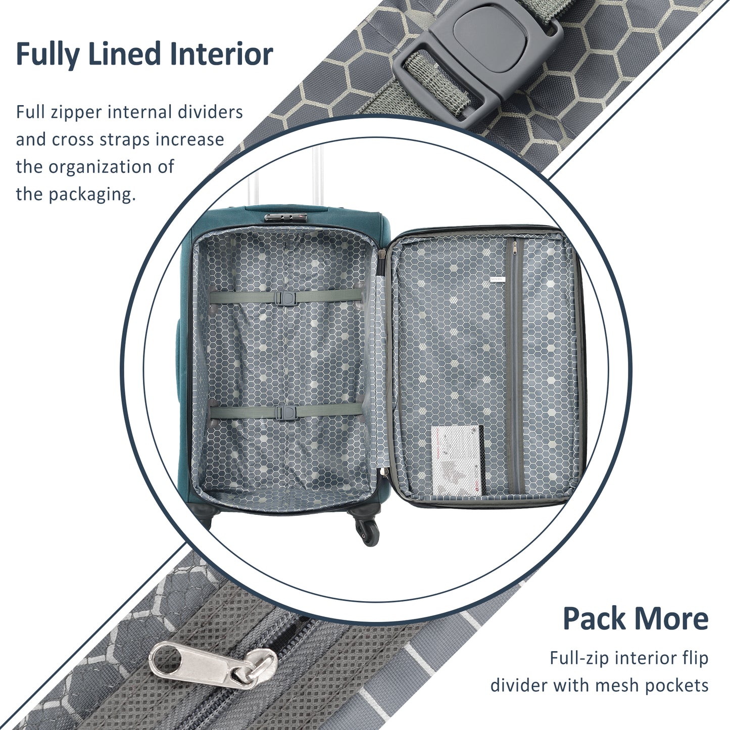 Teal suitcase interior with hexagonal pattern lining compression straps and zippered mesh pocket