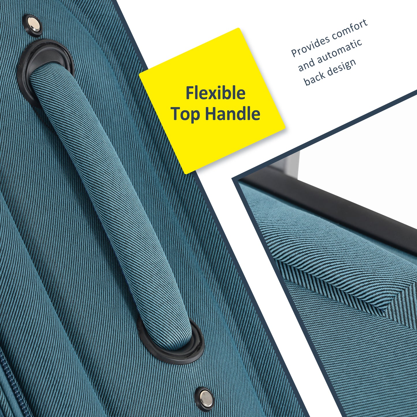 Teal fabric suitcase detail showing a flexible top handle with padded grip