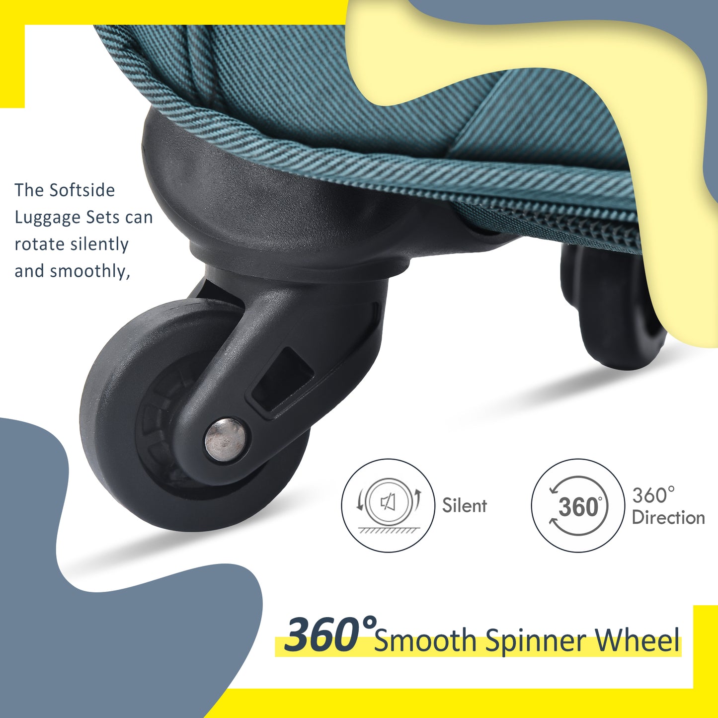 Teal softside luggage wheel with silent smooth spinner wheel functionality